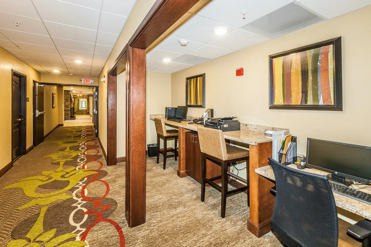 An inviting business center featuring several computer stations arranged for individual or collaborative work, accented by decorative artwork and a patterned carpet design. The space exudes an atmosphere conducive to productivity while still feeling comfortable and welcoming.